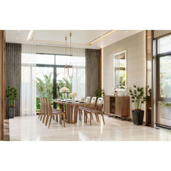 Mẫu bàn ăn 8 ghế gỗ óc chó chân đứng BA007